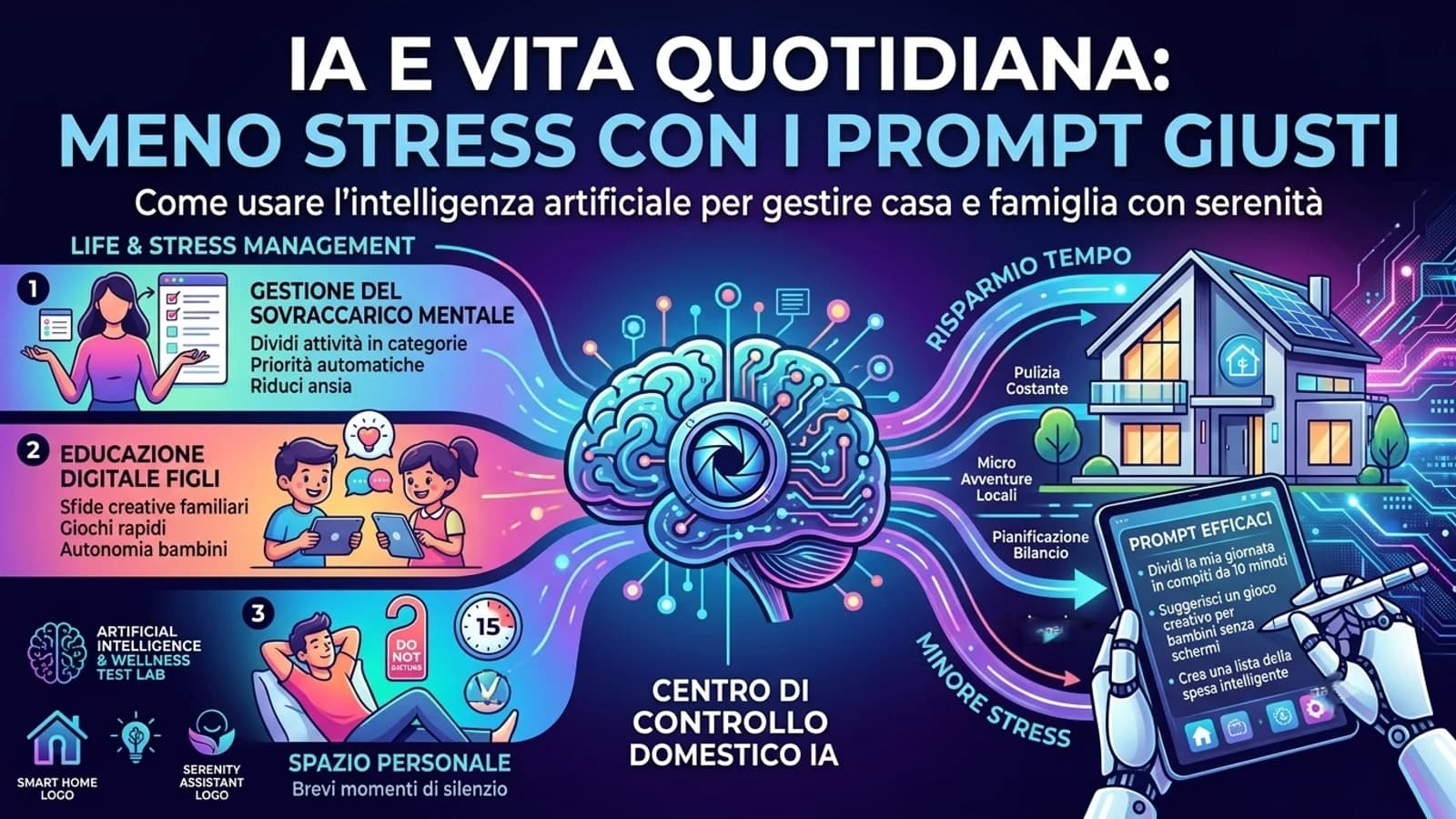 Grafica su IA e benessere quotidiano, con strumenti digitali e suggerimenti per la famiglia.