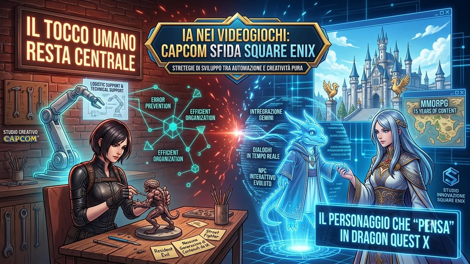 Illustrazione di ambienti di videogiochi e sviluppo IA in un confronto tra Capcom e Square Enix.