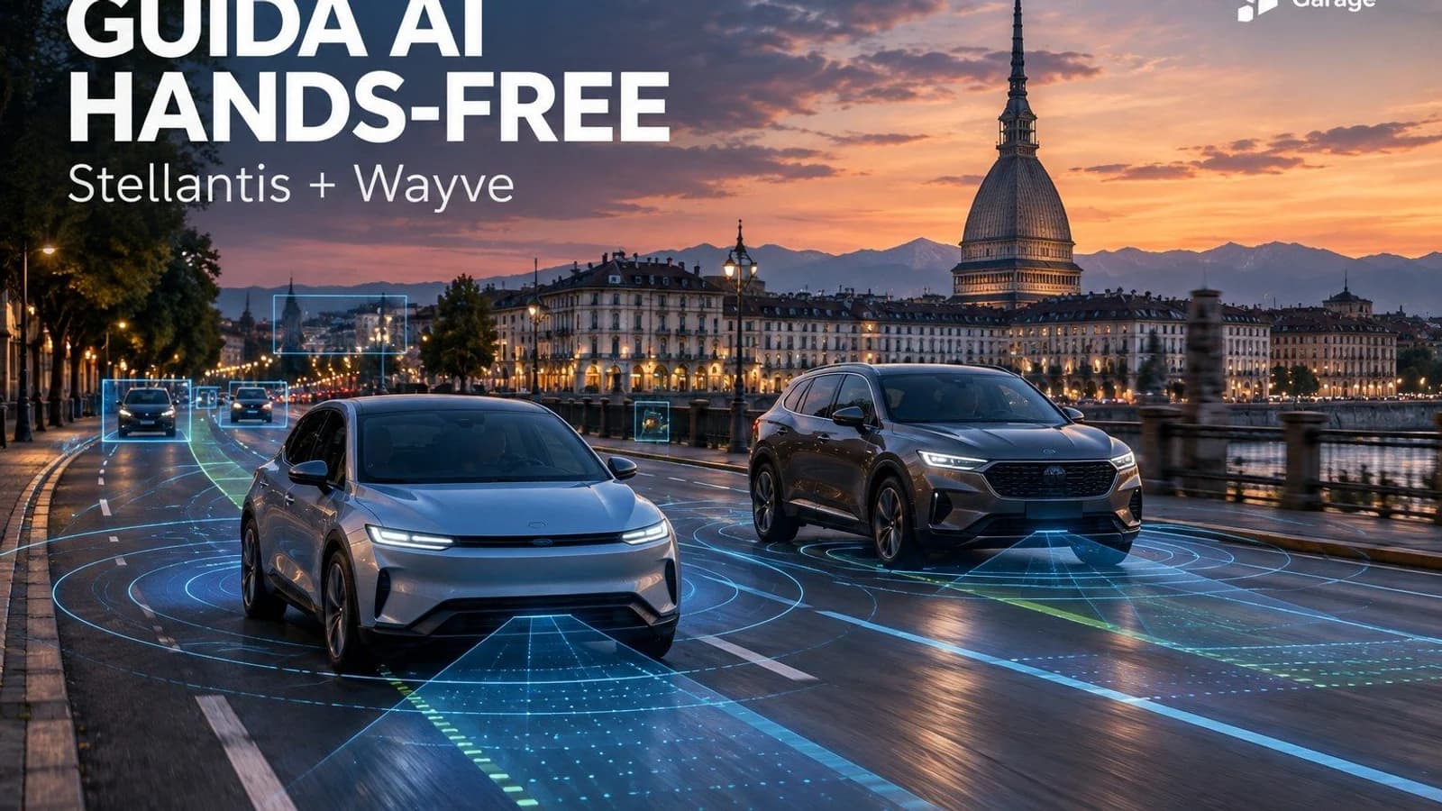 Guida AI hands-free Stellantis e Wayve: illustrazione editoriale Full Stack Garage