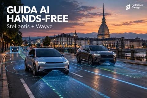 Guida AI hands-free Stellantis e Wayve: illustrazione editoriale Full Stack Garage