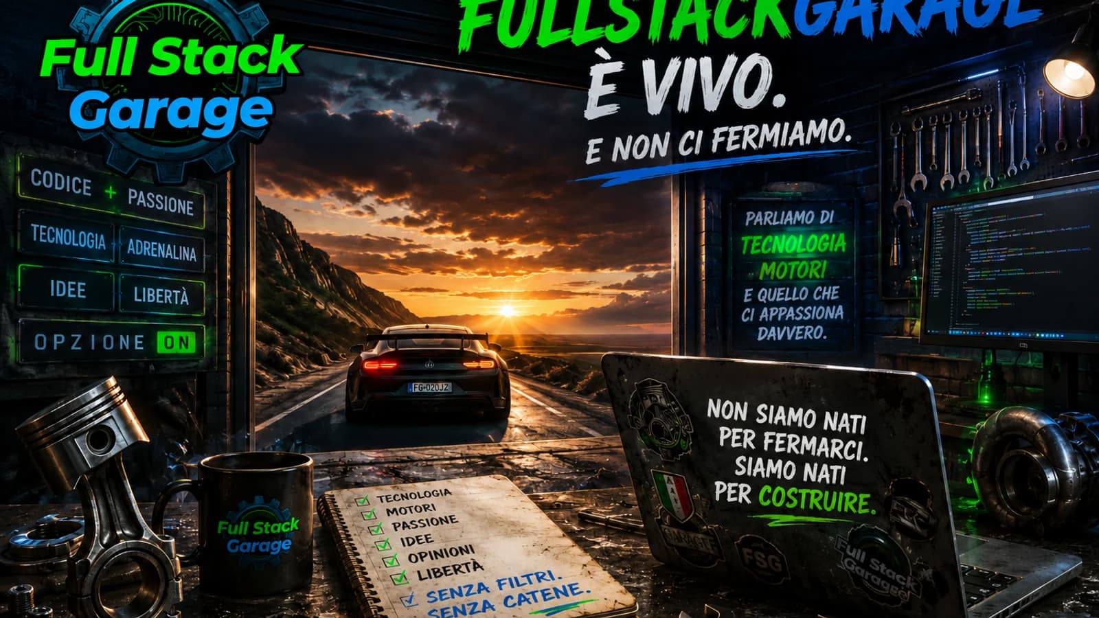 Garage illuminato di notte con auto e logo FullStackGarage in una copertina editoriale.