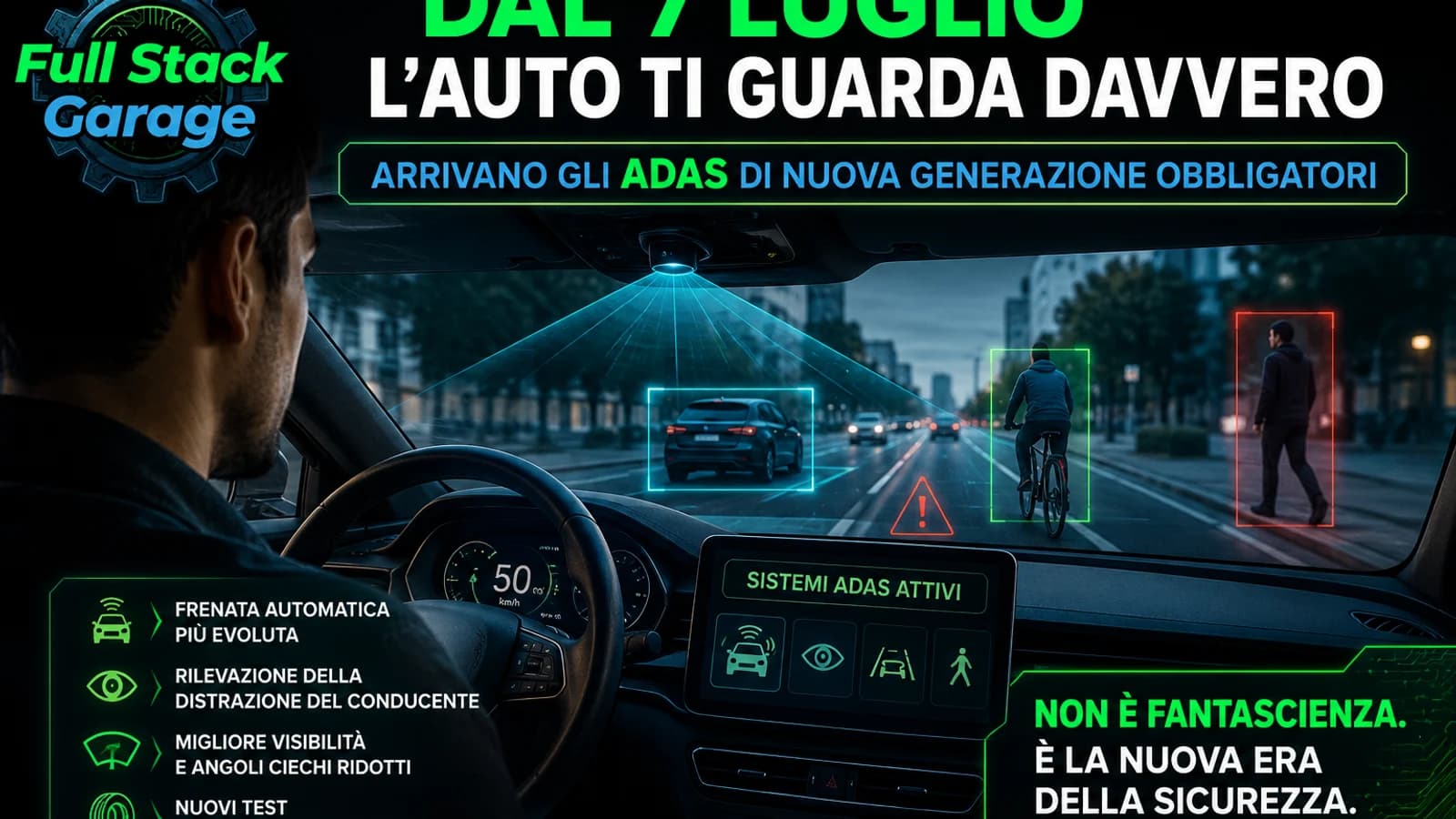 Vista dell'abitacolo con sistemi ADAS e riconoscimento del conducente, in un'illustrazione sulle nuove regole.
