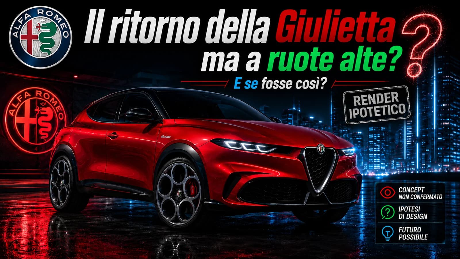 Render di un SUV Alfa Romeo rosso con riferimenti alla possibile nuova Giulietta a ruote alte.