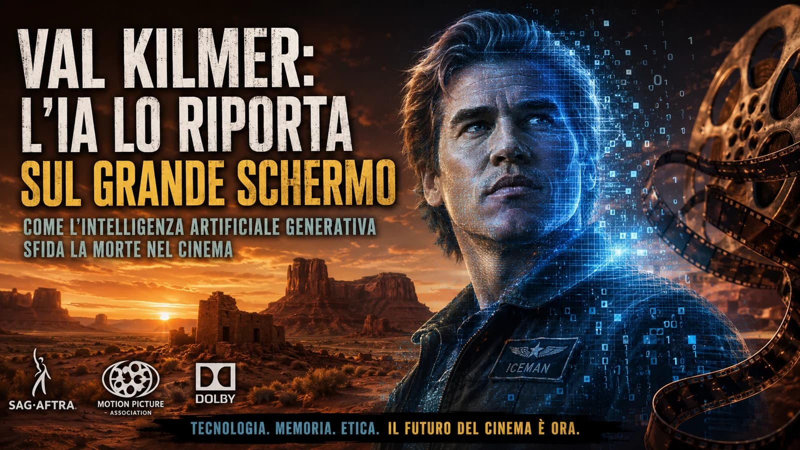 Ritratto di Val Kilmer su sfondo cinematografico con elementi grafici dell'IA.