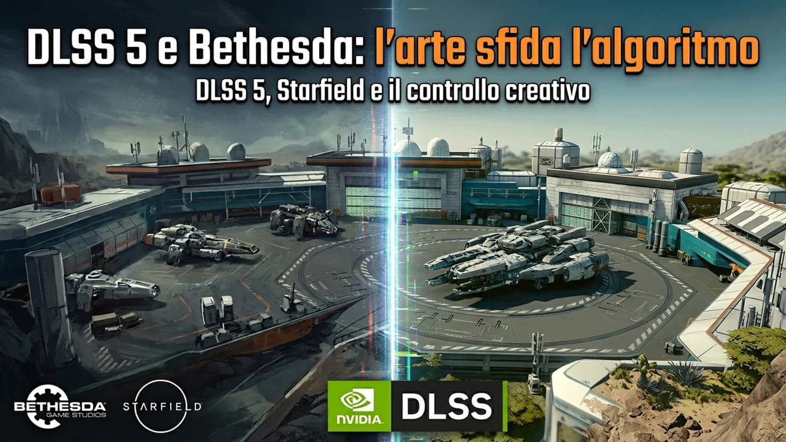 Videogioco fantasy in un confronto tra grafica DLSS 5 e il lavoro artistico di Bethesda.