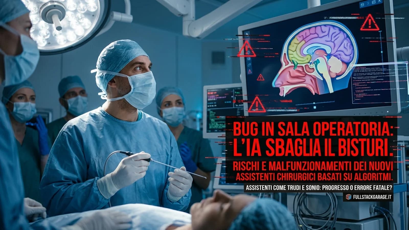Chirurgo in sala operatoria con schermate IA e un avviso sugli errori degli strumenti digitali.