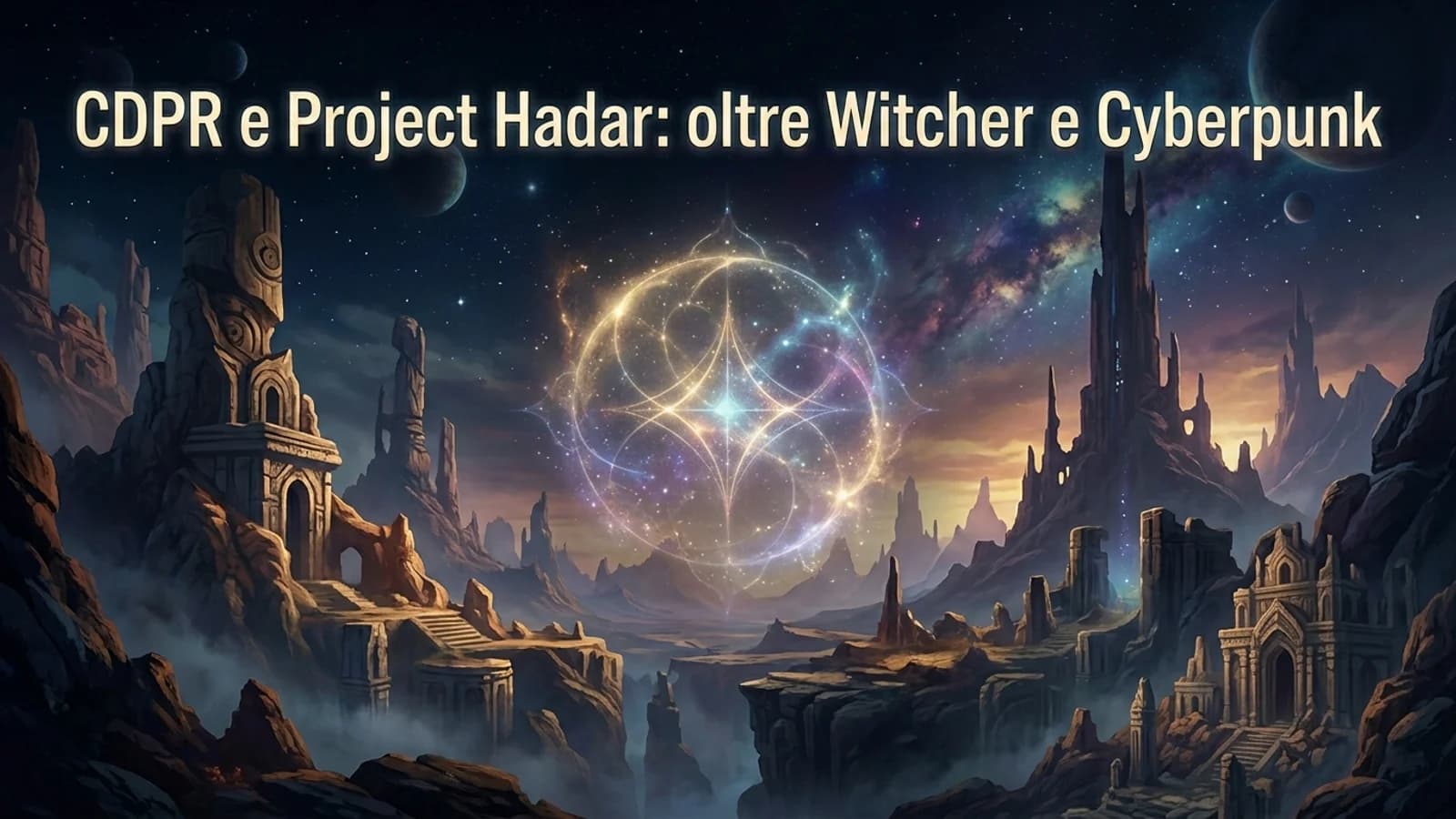 Copertina fantasy di Project Hadar con paesaggio futuristico e riferimenti a CD Projekt.
