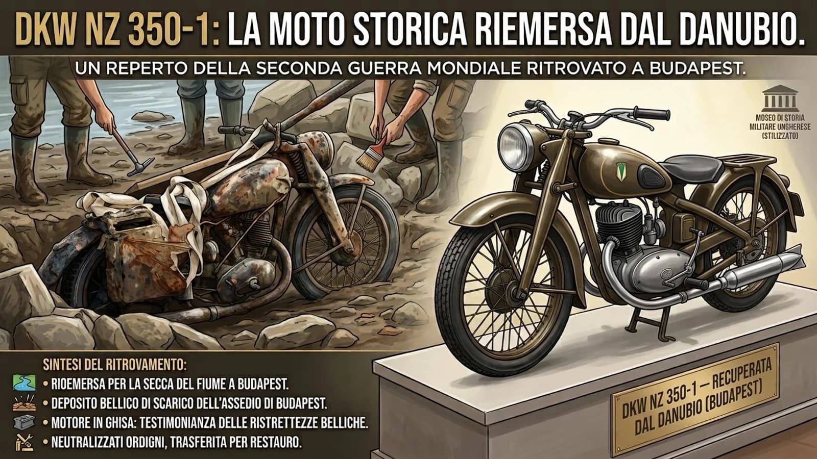 Motocicletta militare storica DKW NZ 350-1 esposta su una pedana.