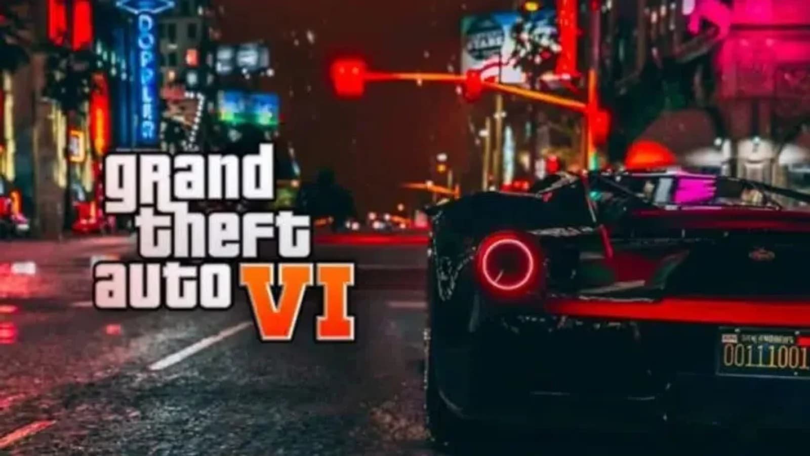 Scena urbana notturna ispirata a GTA VI con automobili e insegne al neon.