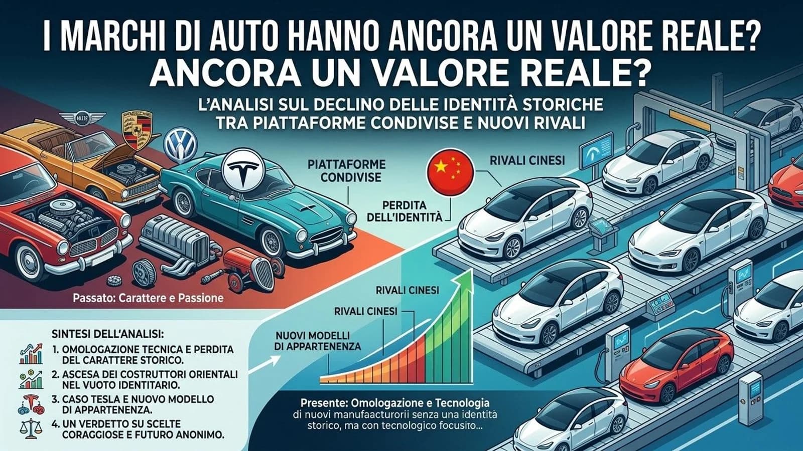 Infografica sulle marche automobilistiche con auto, stemmi e grafici di mercato.