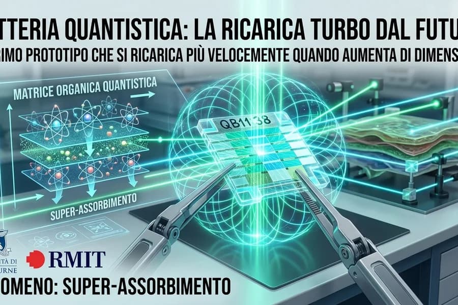 Illustrazione tecnica di una batteria quantistica con flussi luminosi e riferimenti alla ricarica rapida.