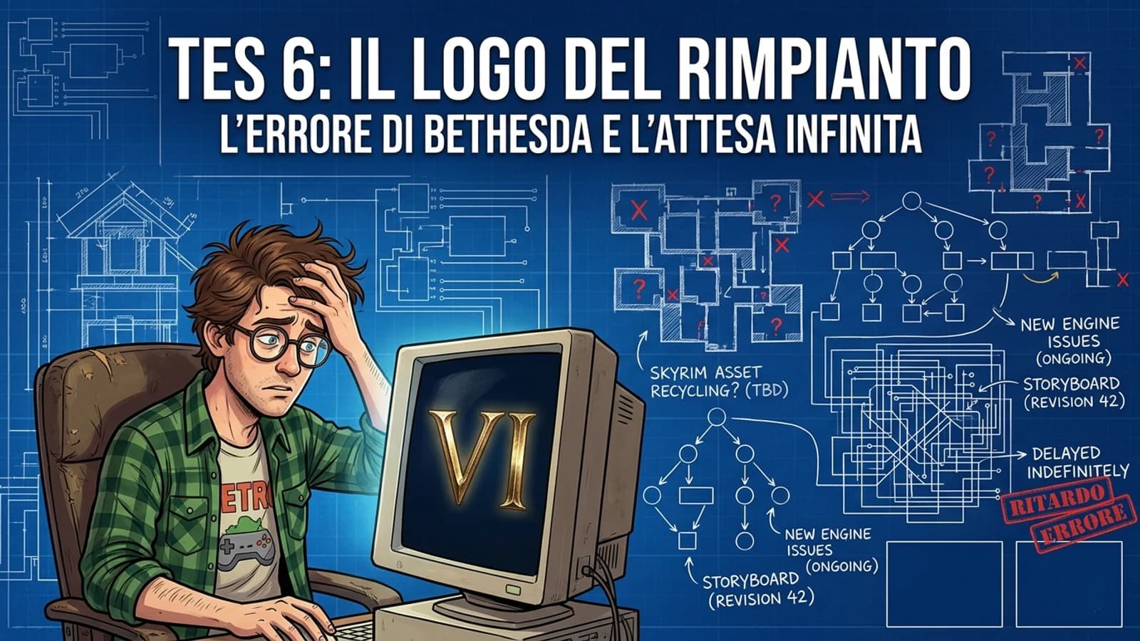 Illustrazione di un giocatore davanti a un computer con il logo TES VI.