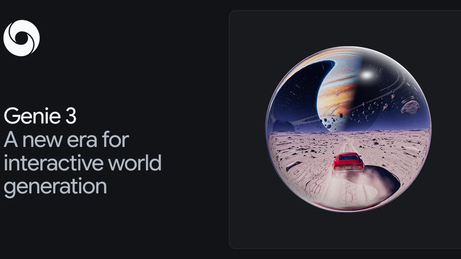 Grafica di Google Genie 3 con una sfera planetaria e un piccolo paesaggio generato.