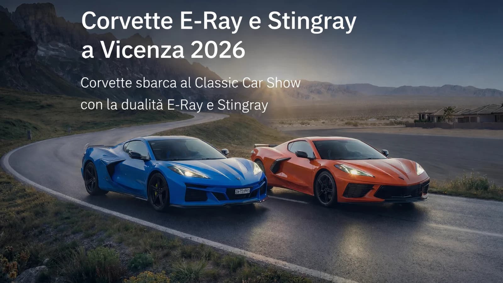 Corvette E-Ray blu e Stingray arancione su pista nella copertina del Vicenza Classic Car Show.