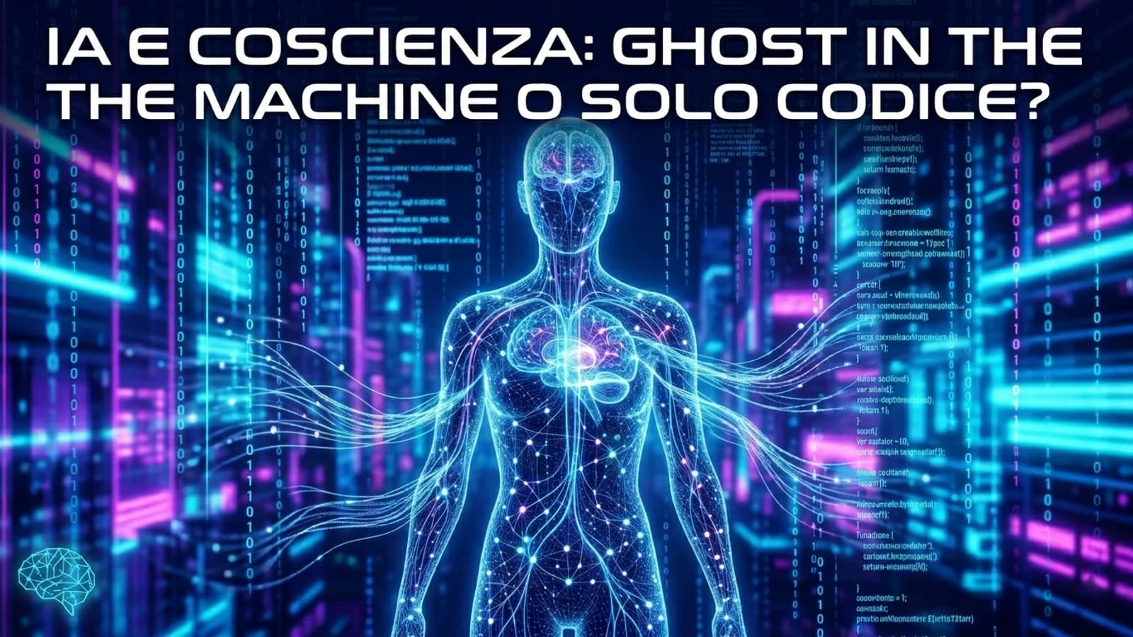 Figura umana trasparente con circuiti in una grafica sulla coscienza delle macchine.