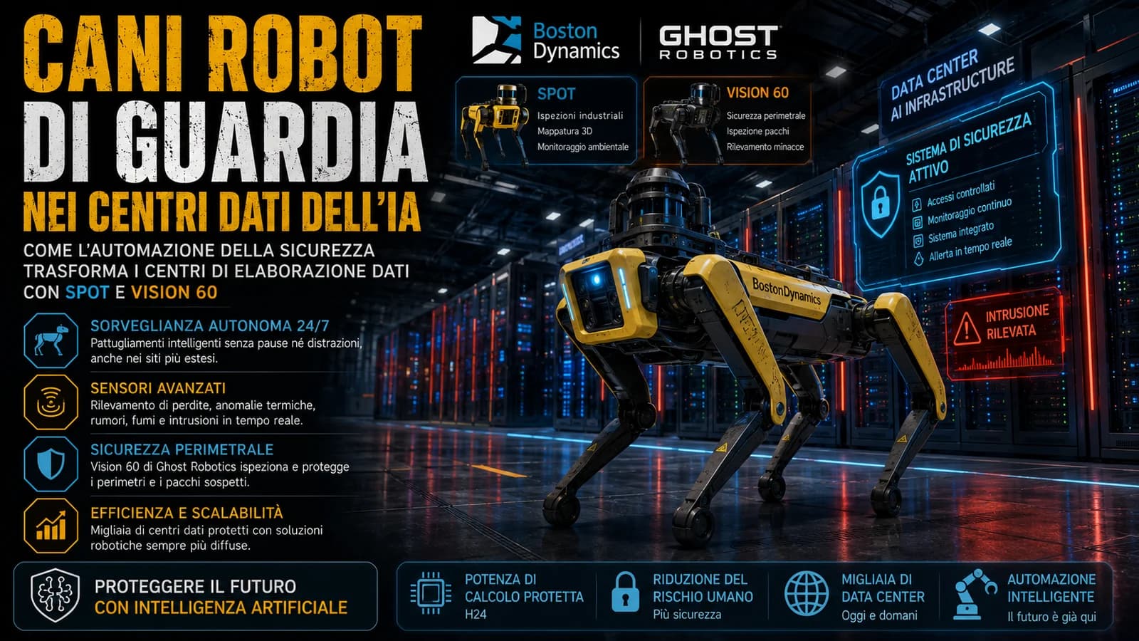 Cane robot che sorveglia un corridoio di server in un centro dati.