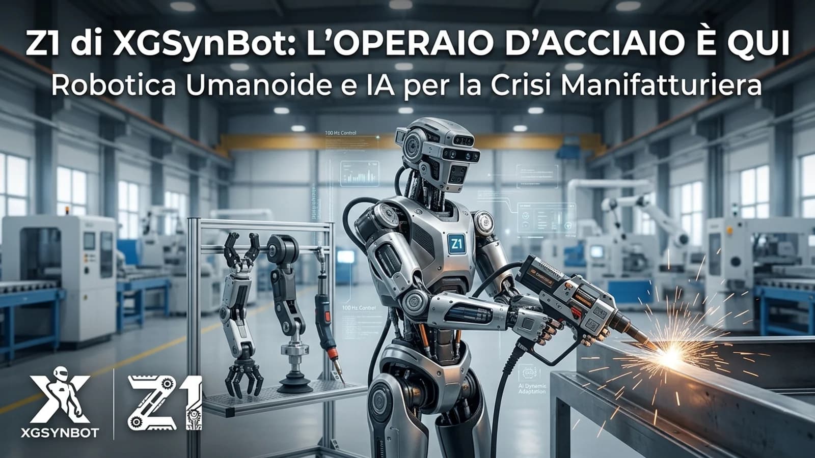 Robot umanoidi industriali in una fabbrica di acciaio, con grafica dedicata a XGSynBot Z1.