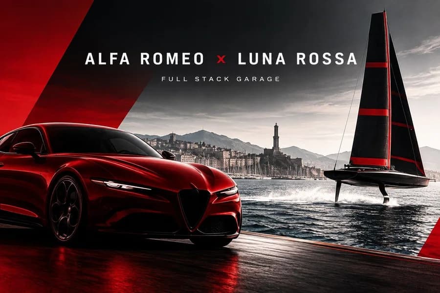 Cover editoriale Full Stack Garage dedicata alla partnership tecnica tra Alfa Romeo e Luna Rossa