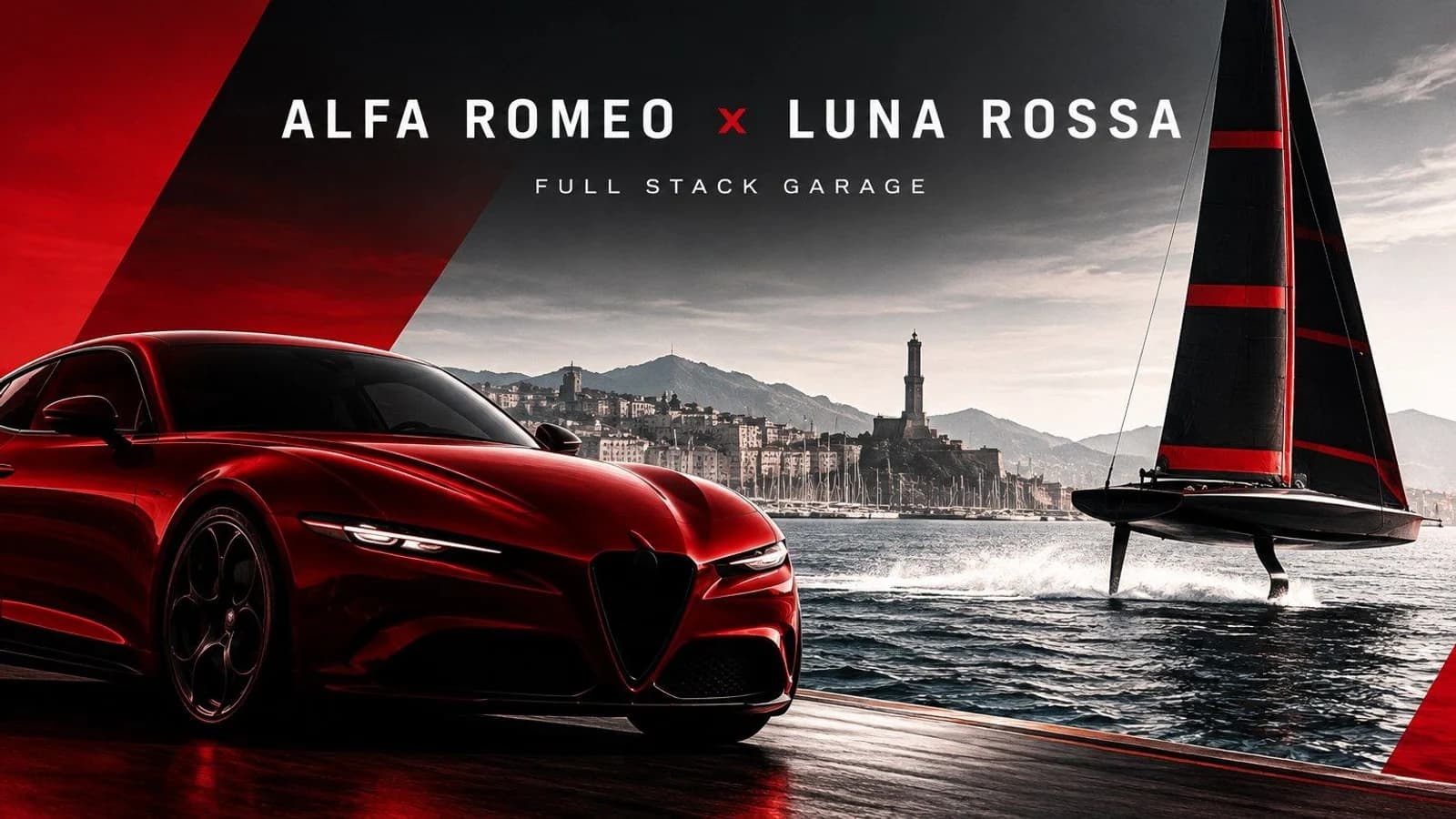Cover editoriale Full Stack Garage dedicata alla partnership tecnica tra Alfa Romeo e Luna Rossa