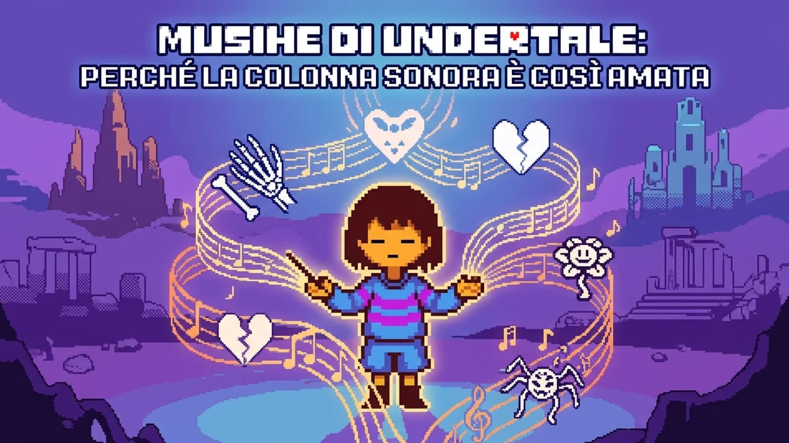 Illustrazione pixel-art di Undertale con personaggio centrale e simboli musicali su fondo viola.