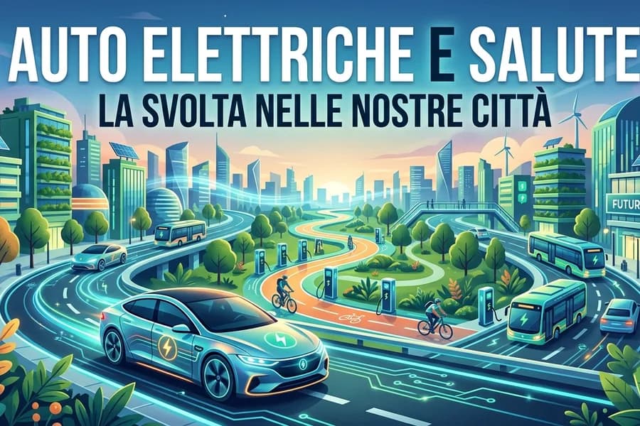 Illustrazione di veicoli elettrici, città alberate e riferimenti alla salute e alla qualità dell'aria.