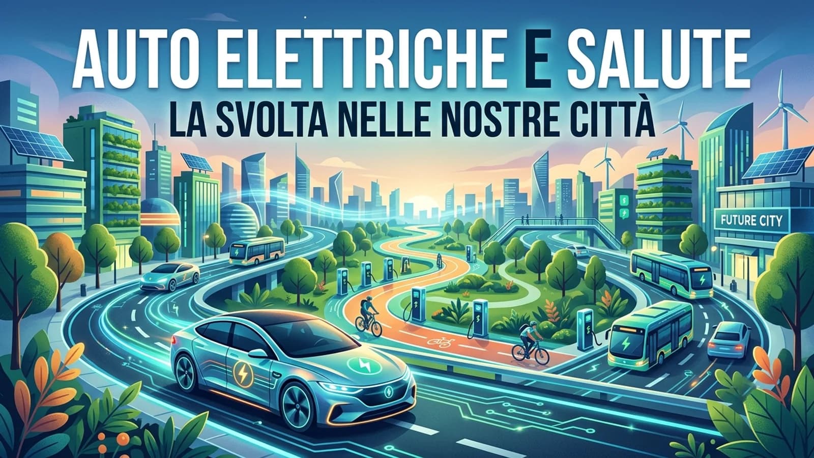 Illustrazione di veicoli elettrici, città alberate e riferimenti alla salute e alla qualità dell'aria.