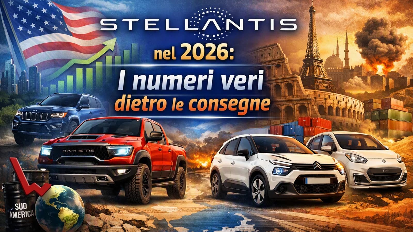 Collage di vetture Stellantis e grafici sulle consegne e sui risultati del gruppo nel 2026.