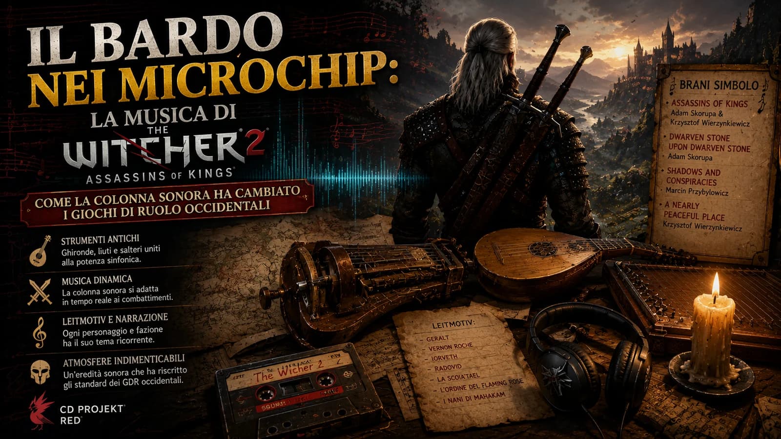 Personaggio fantasy con strumenti musicali e atmosfera medievale dedicata alla musica di The Witcher 2.