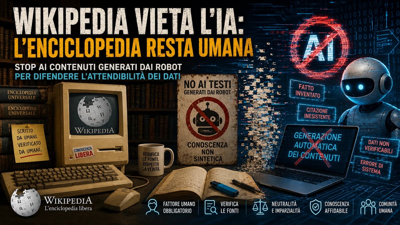Computer d'epoca e simboli Wikipedia in una grafica sul ruolo umano nella scrittura dell'enciclopedia.