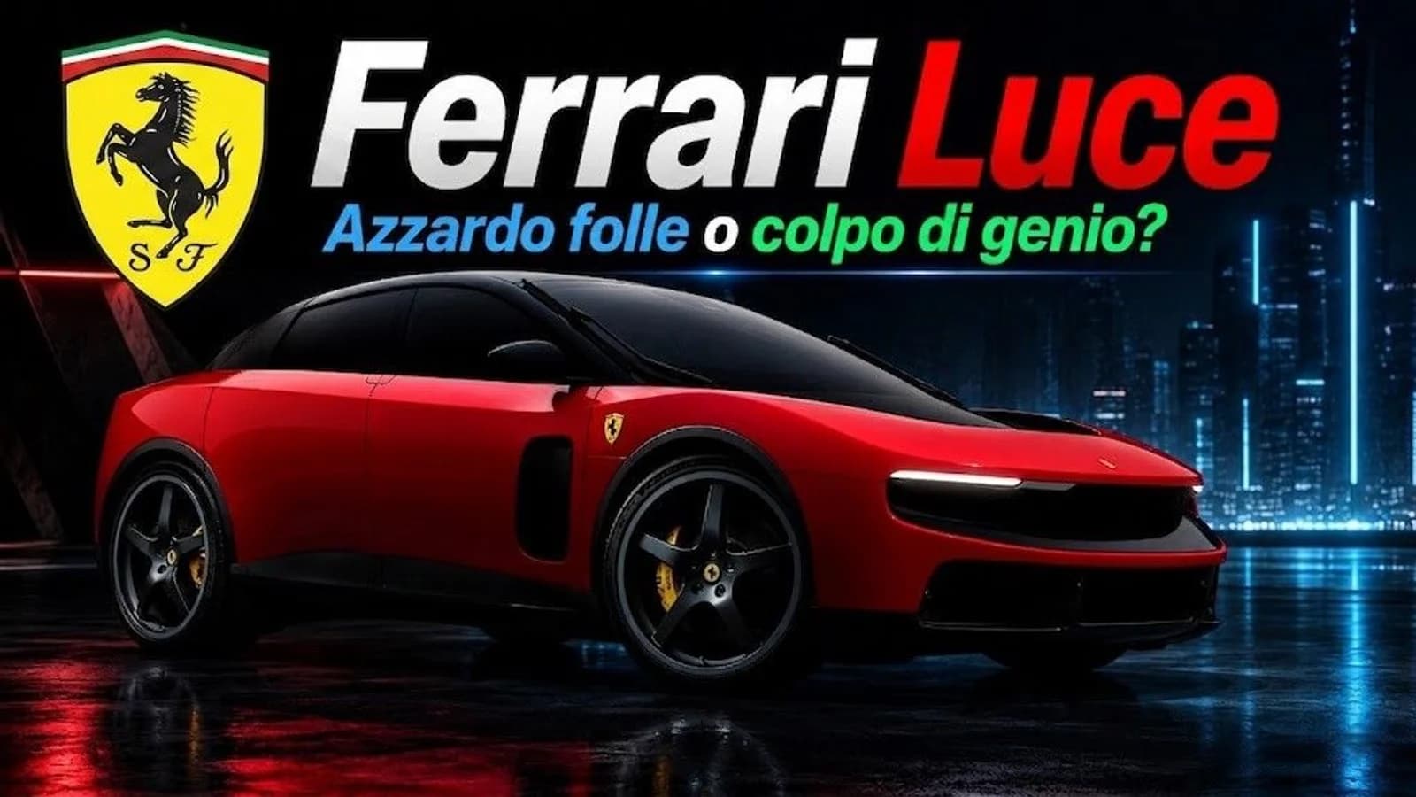 Render di una Ferrari Luce rossa su sfondo notturno con grafica del marchio.