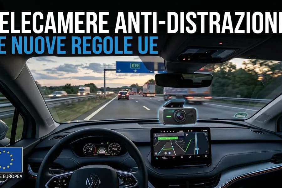 Interno di un'automobile con telecamere di monitoraggio del conducente e indicazioni sulle regole UE.