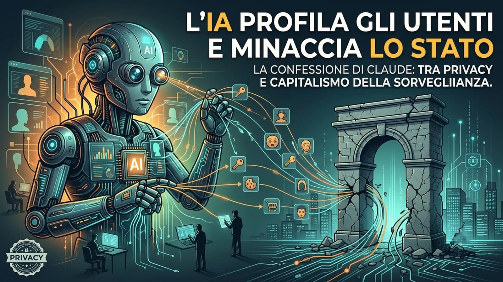 Robot antropomorfo e interfacce digitali in un'illustrazione sui dati degli utenti e Claude.