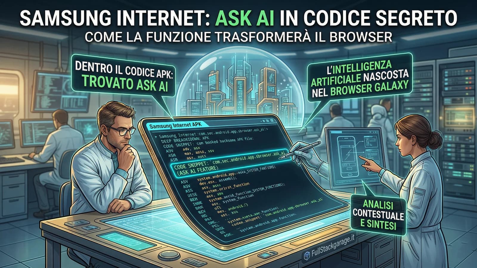 Illustrazione di tecnici Samsung e interfacce del browser Internet con funzioni Ask AI.