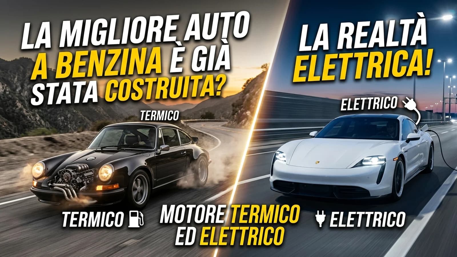 Confronto grafico tra un'auto classica a benzina e un'auto elettrica moderna.
