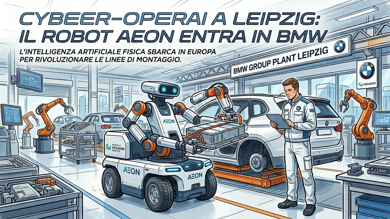 Robot AEON impiegato in una fabbrica BMW accanto a operai e bracci di assemblaggio.