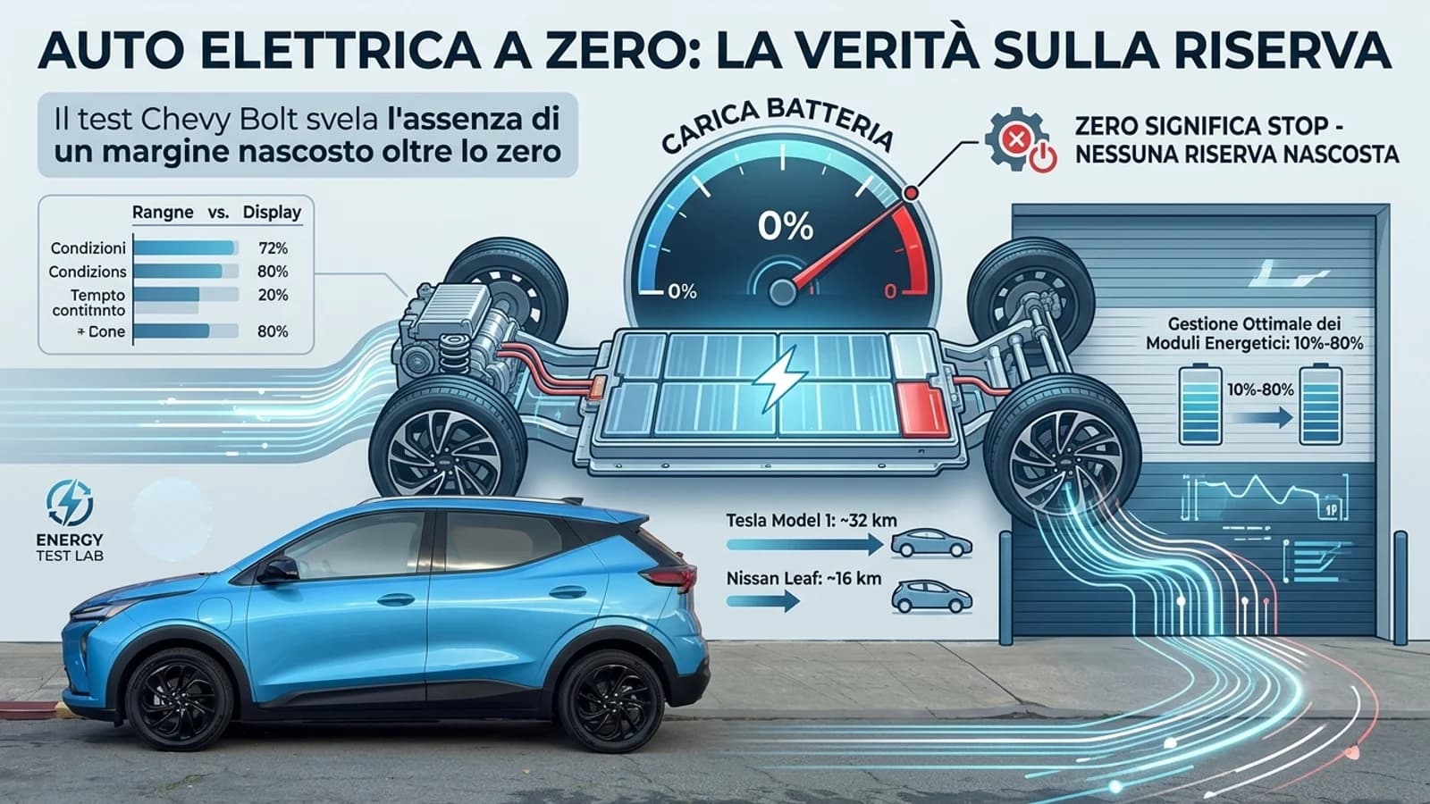 Infografica di un'auto elettrica con batteria a zero, componenti e sistemi di ricarica.