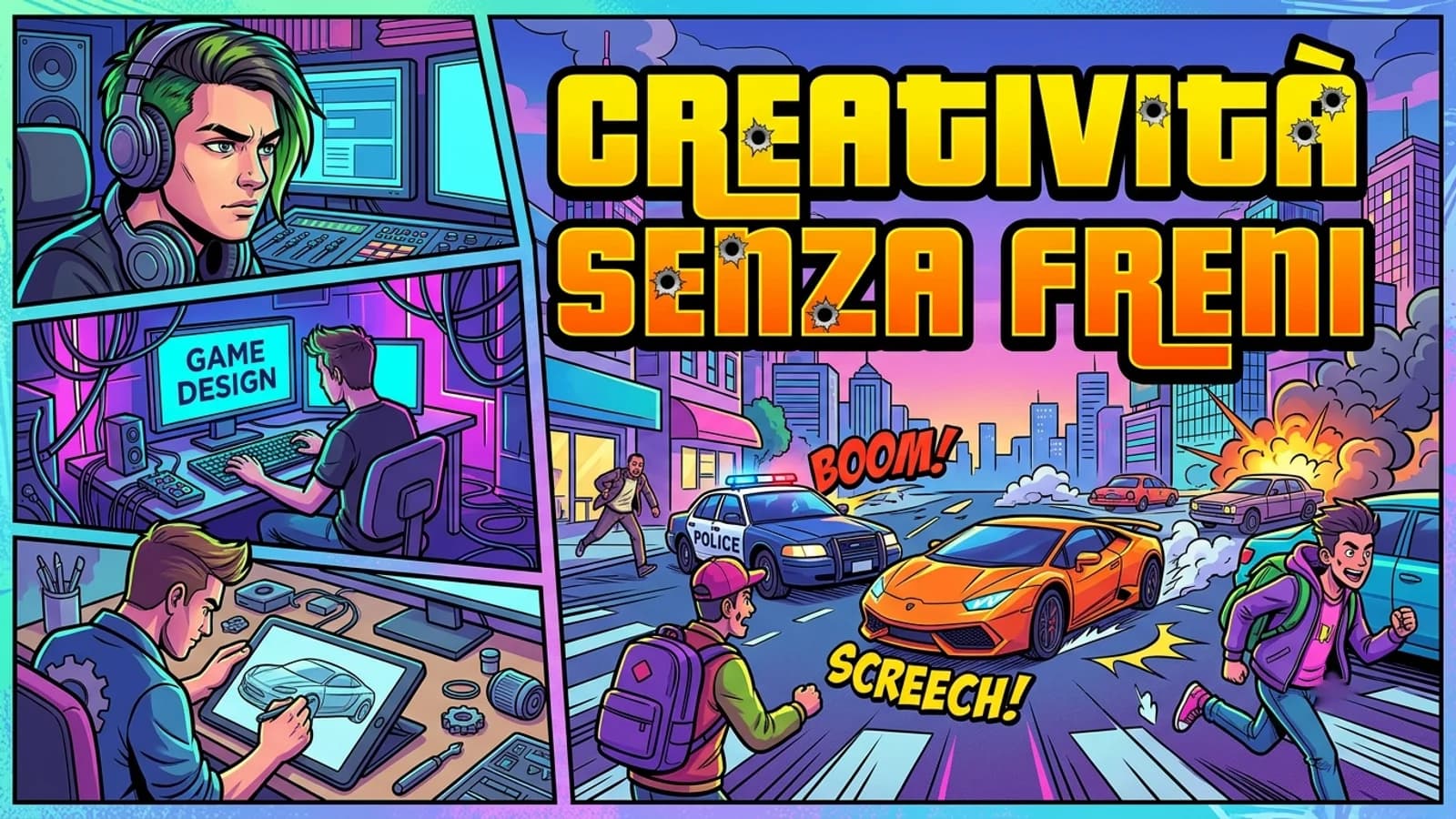 Illustrazione colorata di videogiochi e personaggi sul tema della creatività di Rockstar Games.