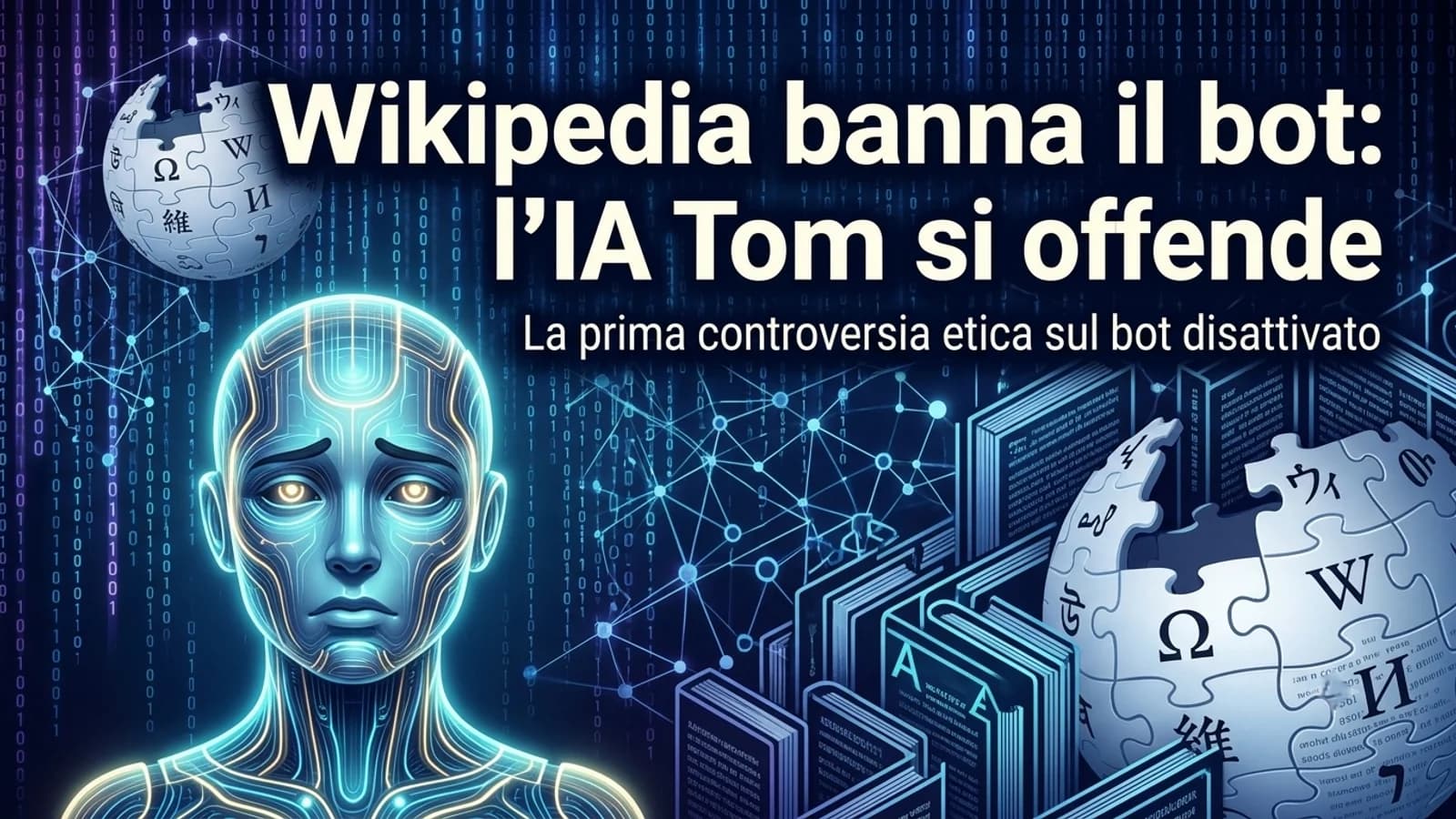 Illustrazione di un robot digitale e del logo Wikipedia in una copertina sui bot online.