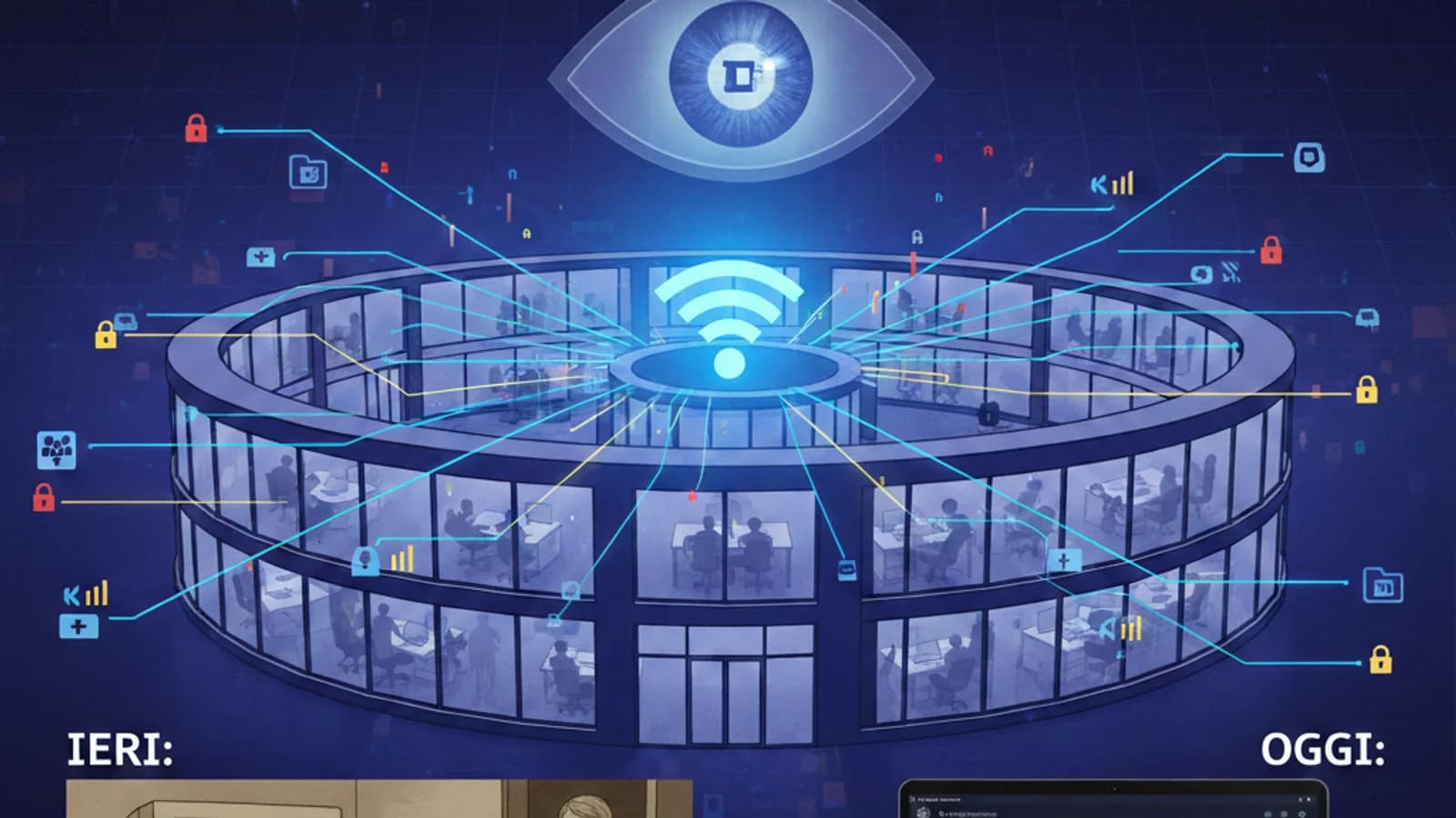 Infografica di una stanza con sensori Wi-Fi e simboli di monitoraggio del personale.