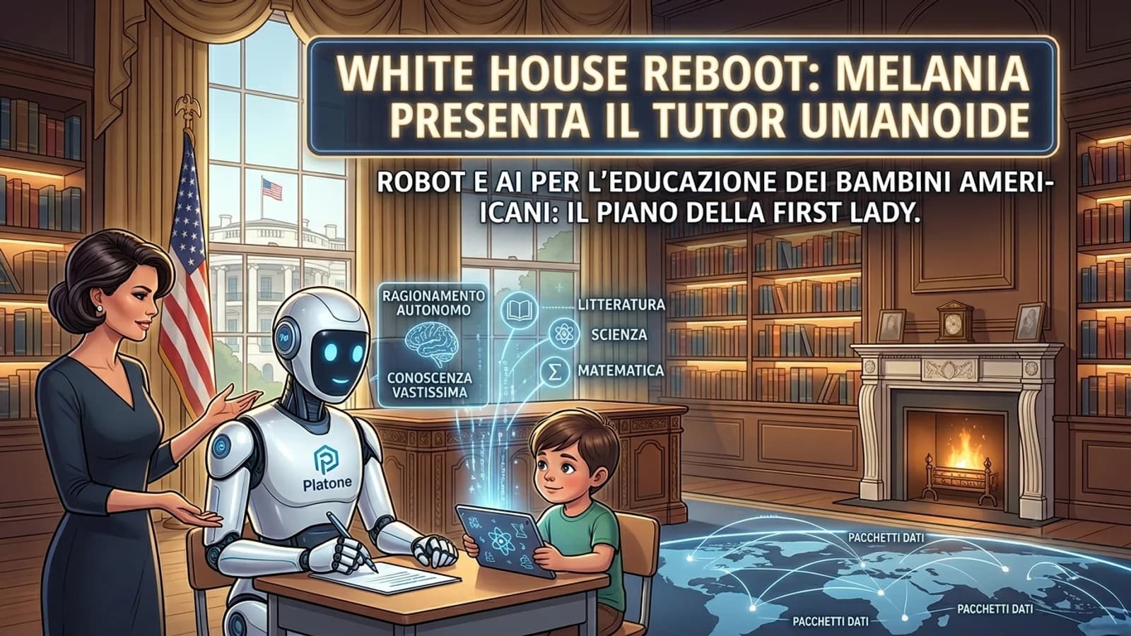 Melania Trump accanto a un robot umanoide e a studenti in una sala istituzionale.