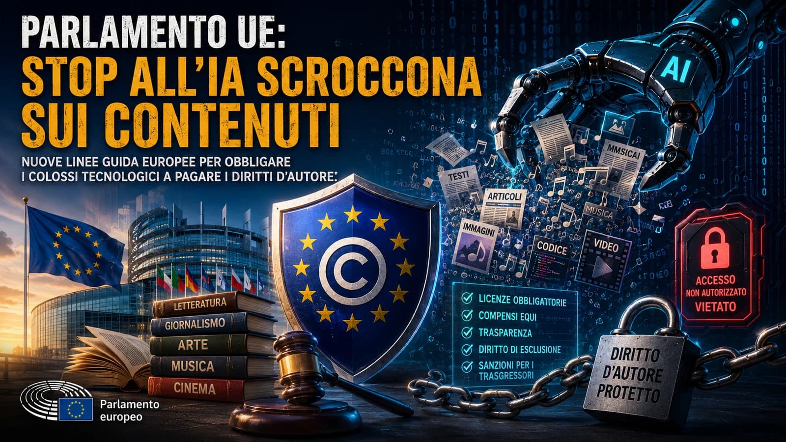 Infografica del Parlamento europeo e dei contenuti online usati dai sistemi di intelligenza artificiale.