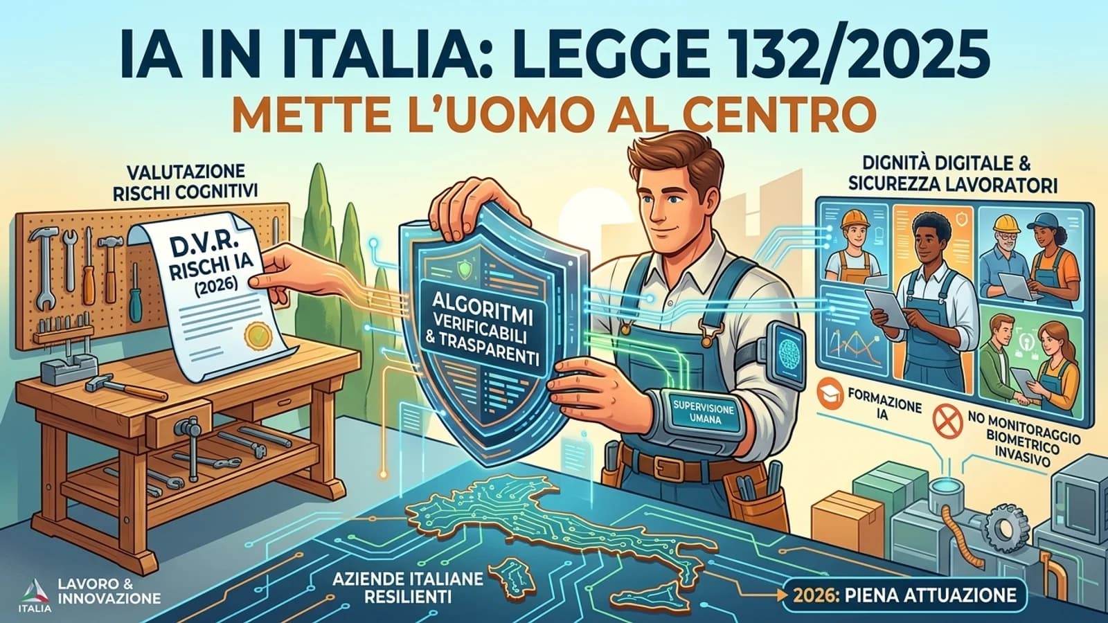Infografica sulla Legge italiana 132 del 2025, con persone, documenti e sistemi di IA.