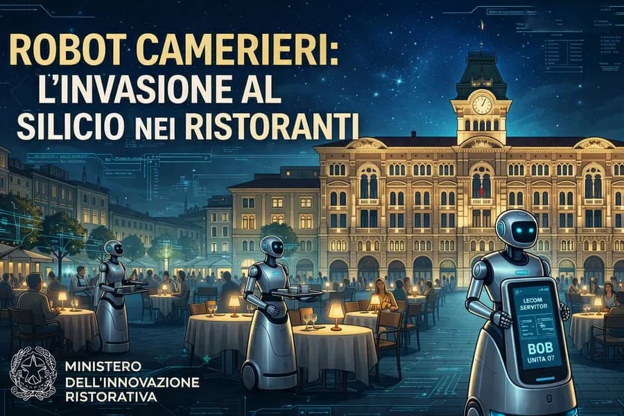 Illustrazione di robot camerieri e clienti all'esterno di un ristorante.
