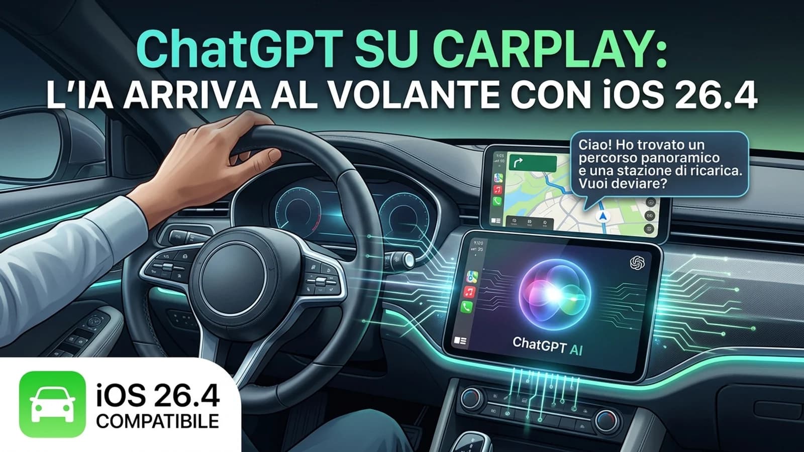 Cruscotto automobilistico con Apple CarPlay e ChatGPT visualizzato sullo schermo centrale.