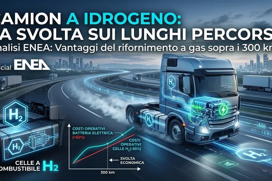 Illustrazione di un camion a idrogeno su strada, con serbatoi e indicatori di rifornimento.
