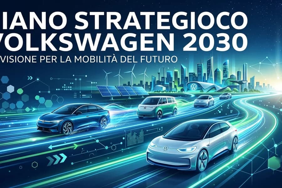 Grafica sul piano Volkswagen 2030 con auto elettriche e una strada luminosa verso il futuro.