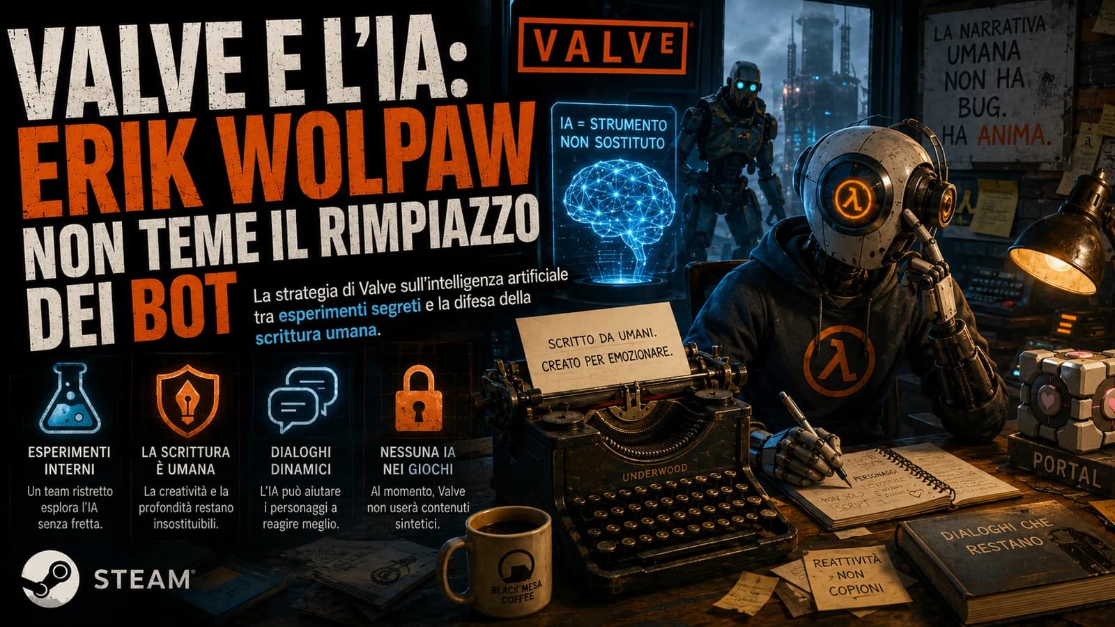 Illustrazione di Erik Wolpaw e videogiochi Valve nel dibattito sull'uso dell'IA.