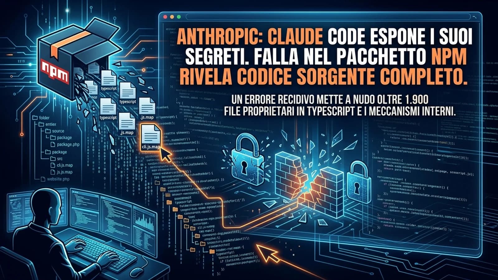 Infografica digitale su Anthropic Claude Code, con computer e rischi di divulgazione del codice.