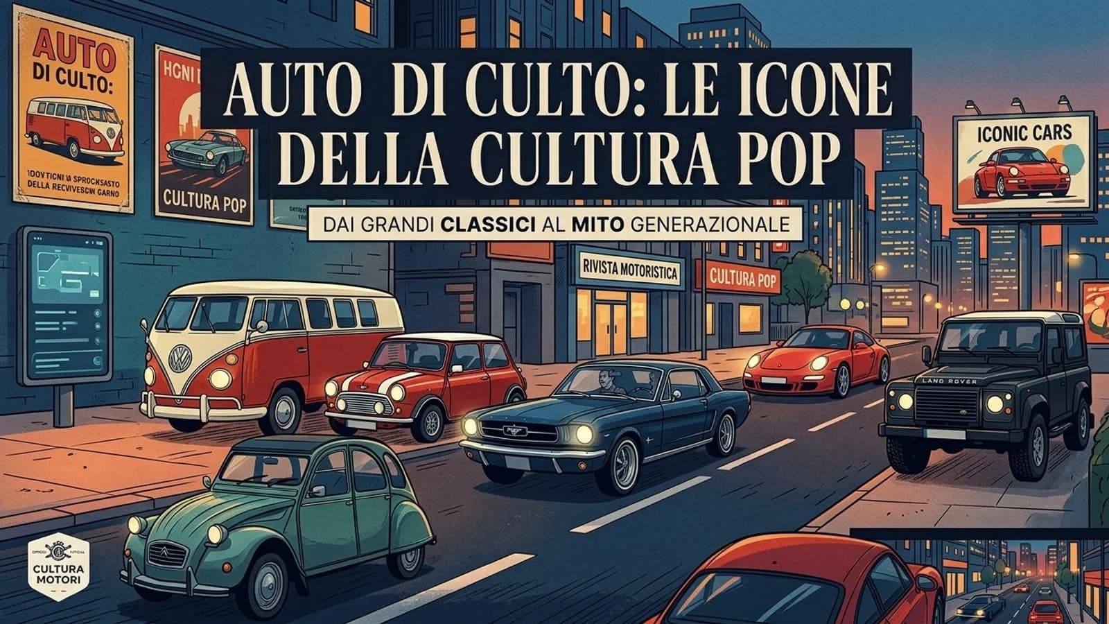 Collage di automobili iconiche associate al cinema e alla cultura pop.