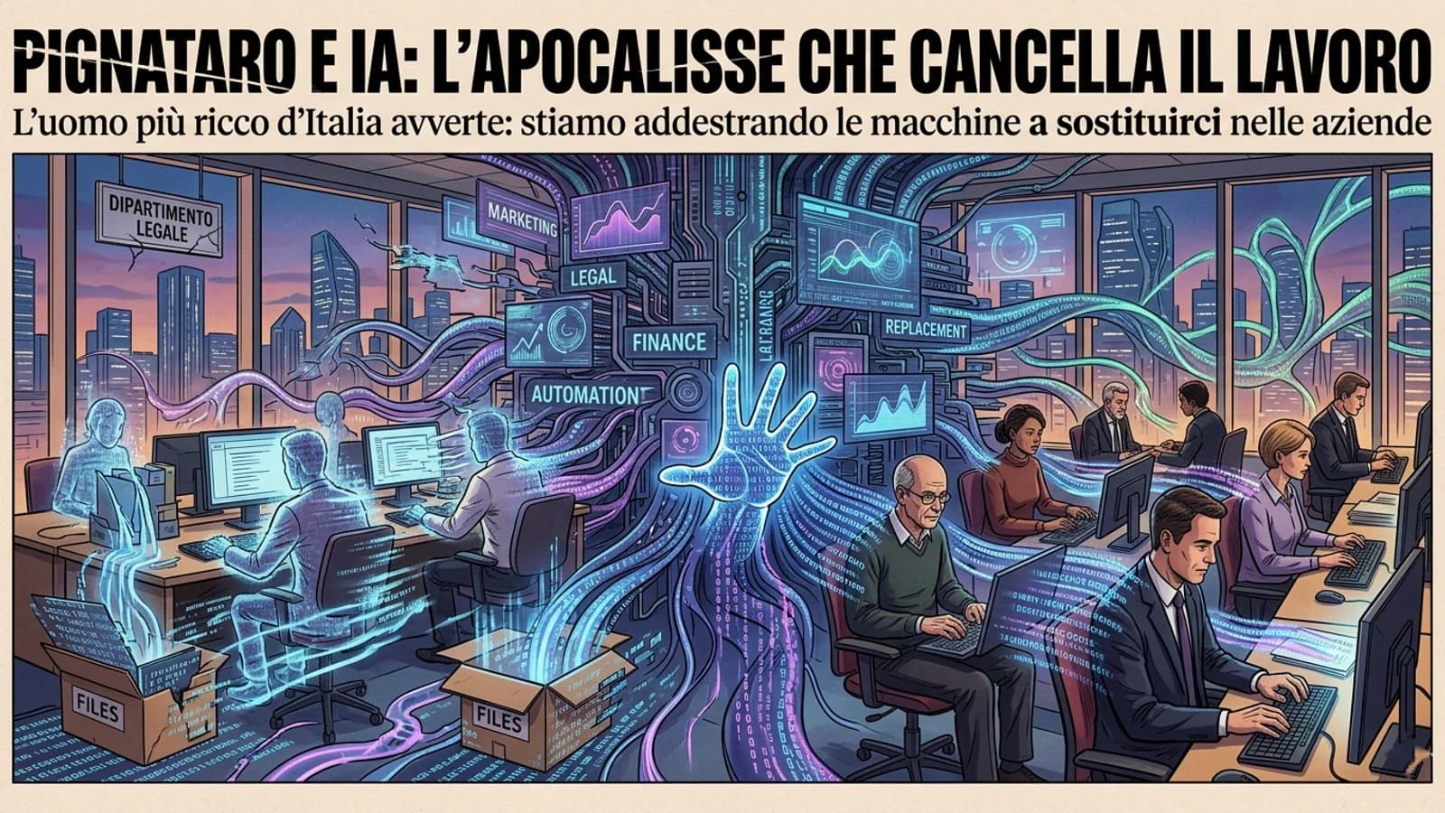 Illustrazione di un ufficio automatizzato con IA e lavoratori, legata al futuro del lavoro.